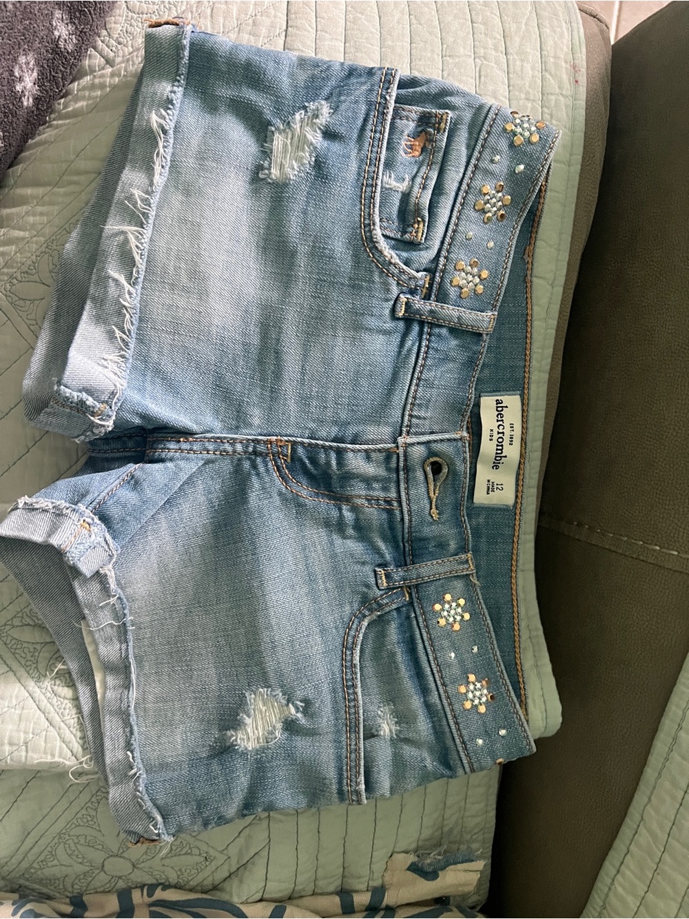 Abercrombie & Fitch Light Blue Distressed Denim Shorts with Embellishments